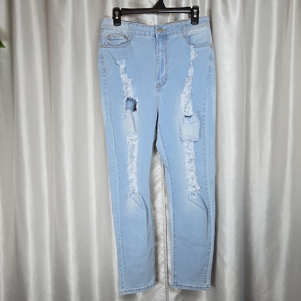 Bob Jeans Ladies Light Blue Distressed Stretch Skinny Pocket Jeans Size 15/16